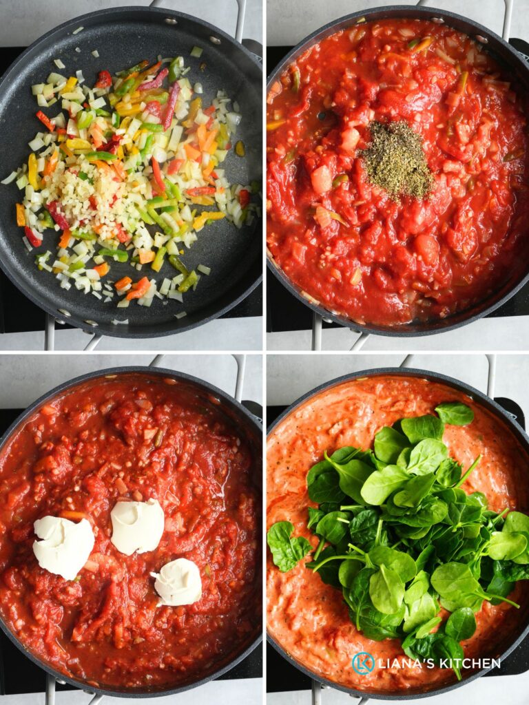 image with grid of 4 photos showing the steps to cooking the sauce for creamy tomato pasta: onion, peppers, garlic, chopped tomatoes, dried herbs, cream cheese, fresh spinach 
