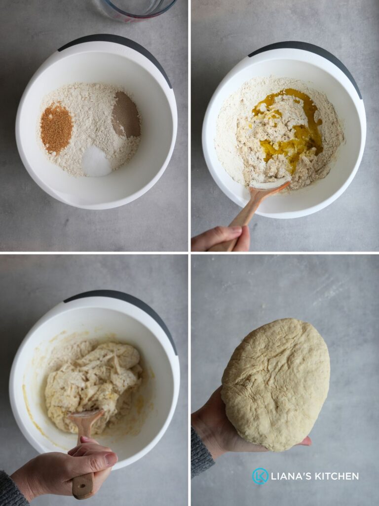 grid of 4 images showing the steps to preparing the dough: bowl with all the ingredients in, wooden spoon stirring everything together and the final dough in my hand 