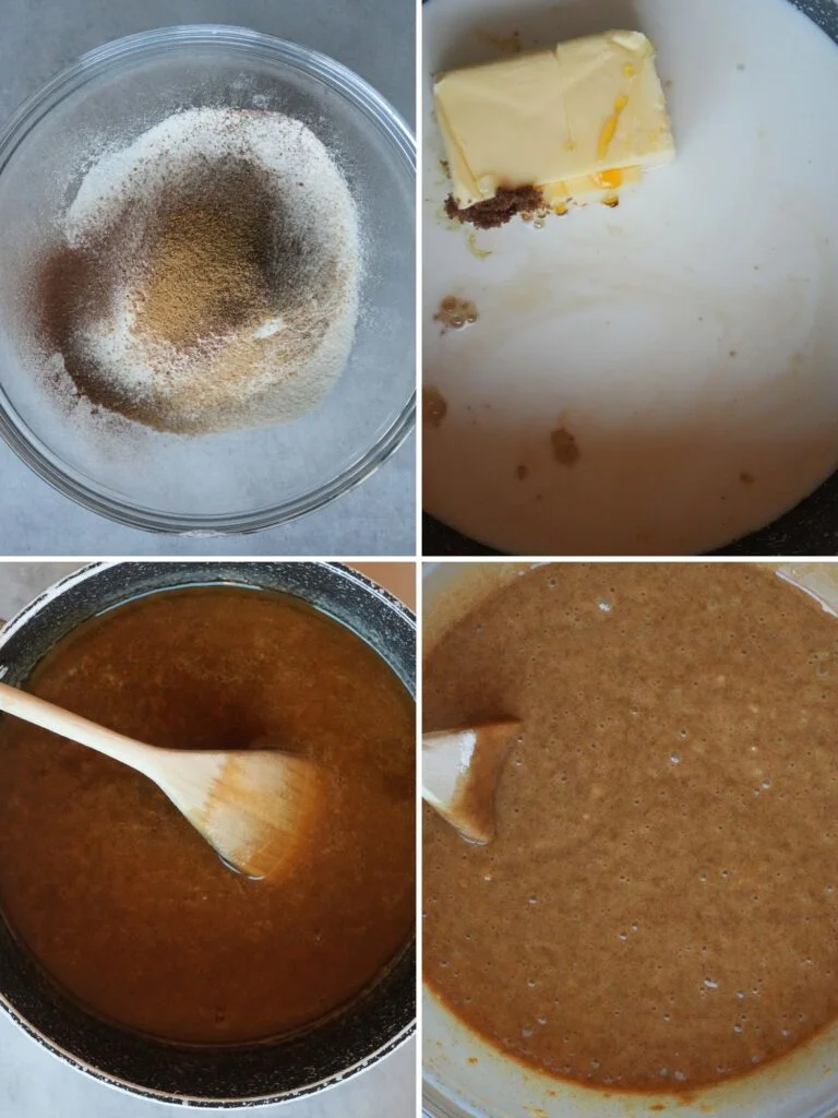 image grid with 4 images showing the steps to making a ginger cake: sifting flour, cinnamon, mized spice and ginger, melting butter in milk with sugar and golden syrup, the  melted mixture in a saucepan and finally, everything mixed together