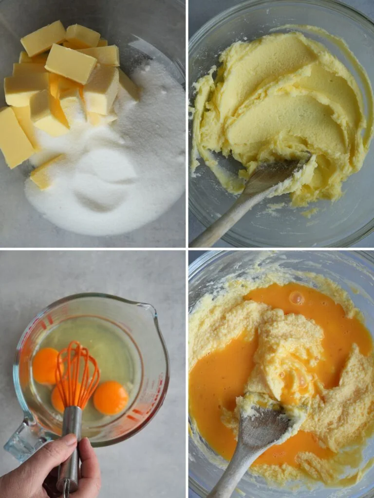 grid of 4 images showing the steps to making a lemon polenta cake: butter and sugar mixed together, eggs being beaten, eggs being added to the batter