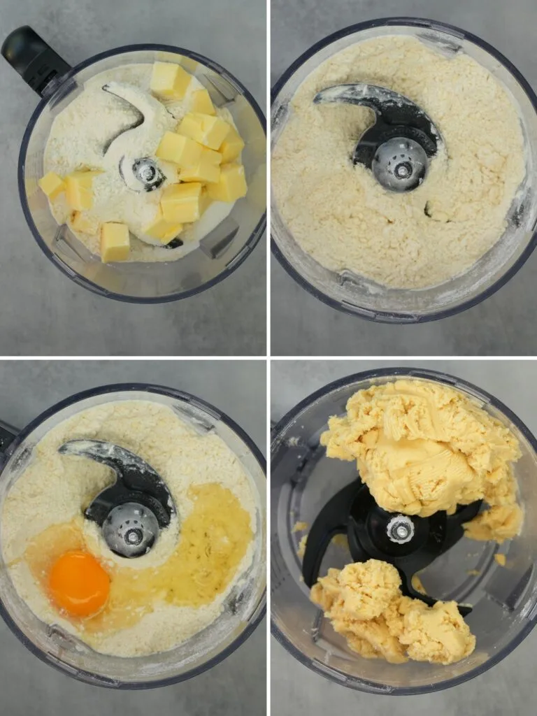 grid with four images showing how to make shortcrust pastry in a food processor