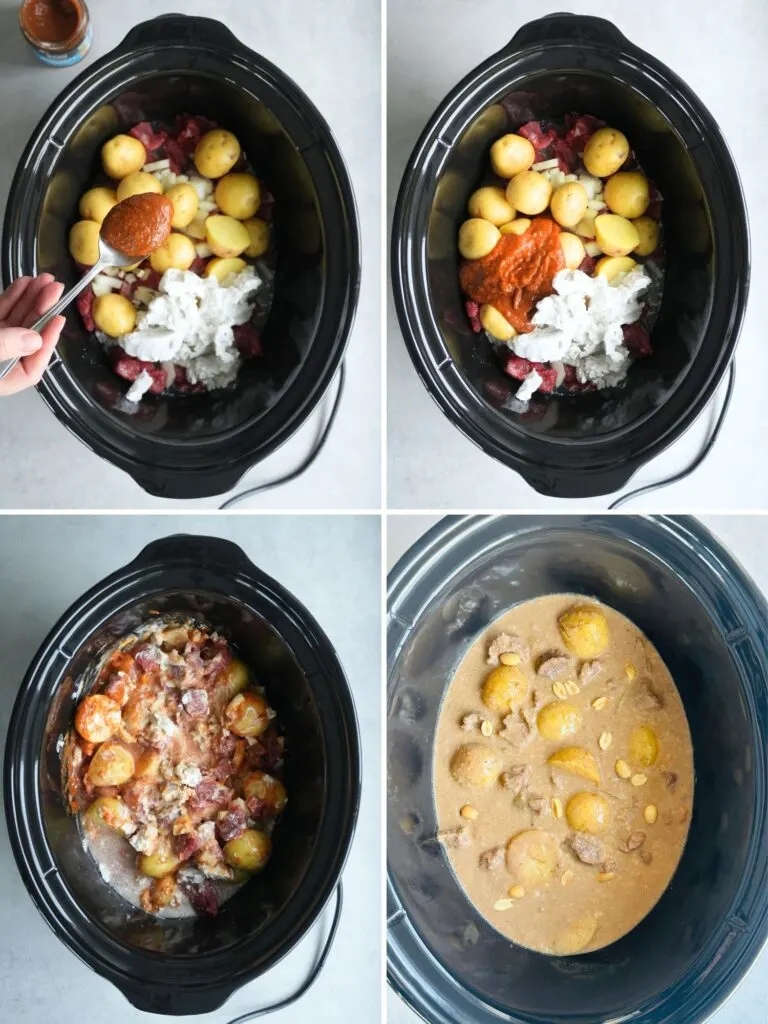 image with grid of 4 photos showing further steps to preparing massaman inspired beef slow cooker recipe, adding paste, coconut milk, mixing it together and cooked with peanuts on top