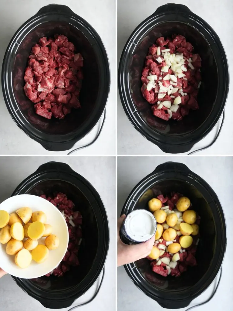image with grid of 4 photos showing the steps to making massaman inspired beef curry in a slow cooker