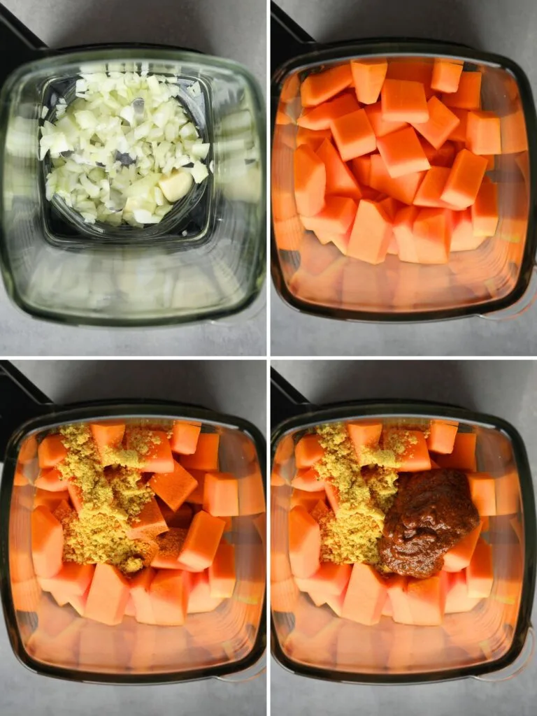 image with grid of 4 photos showing chopped onions and garlic, chopped butternut squash, turmeric and vegetable stock powder, tikka paste all in a Ninja soup maker jug shown from overhead with the lid off