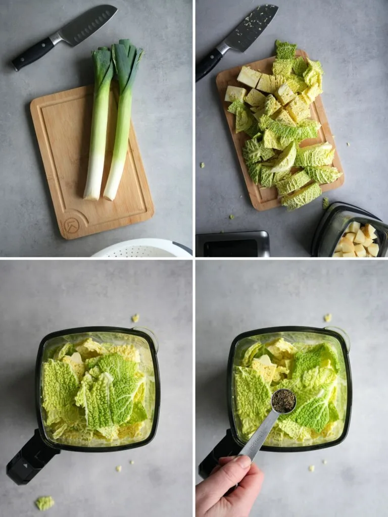 image with grid of 4 photos showing the steps to preparing a cabbage and leek soup in the ninja soup maker: chopping leeks, chopping savoy cabbage, ingredients in soup maker, adding dried thyme to soup maker