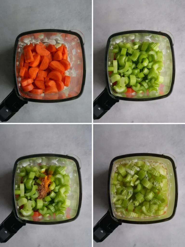 image with 4 pictures showing the steps to cooking carrot and celery soup in a ninja soup maker