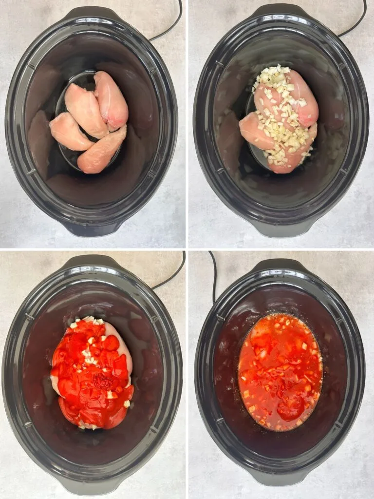 image with grid of four photos showing steps to cooking chicken pasta in slow cooker: raw chicken breast in slow cooker, onions, tomato puree, passata, stock