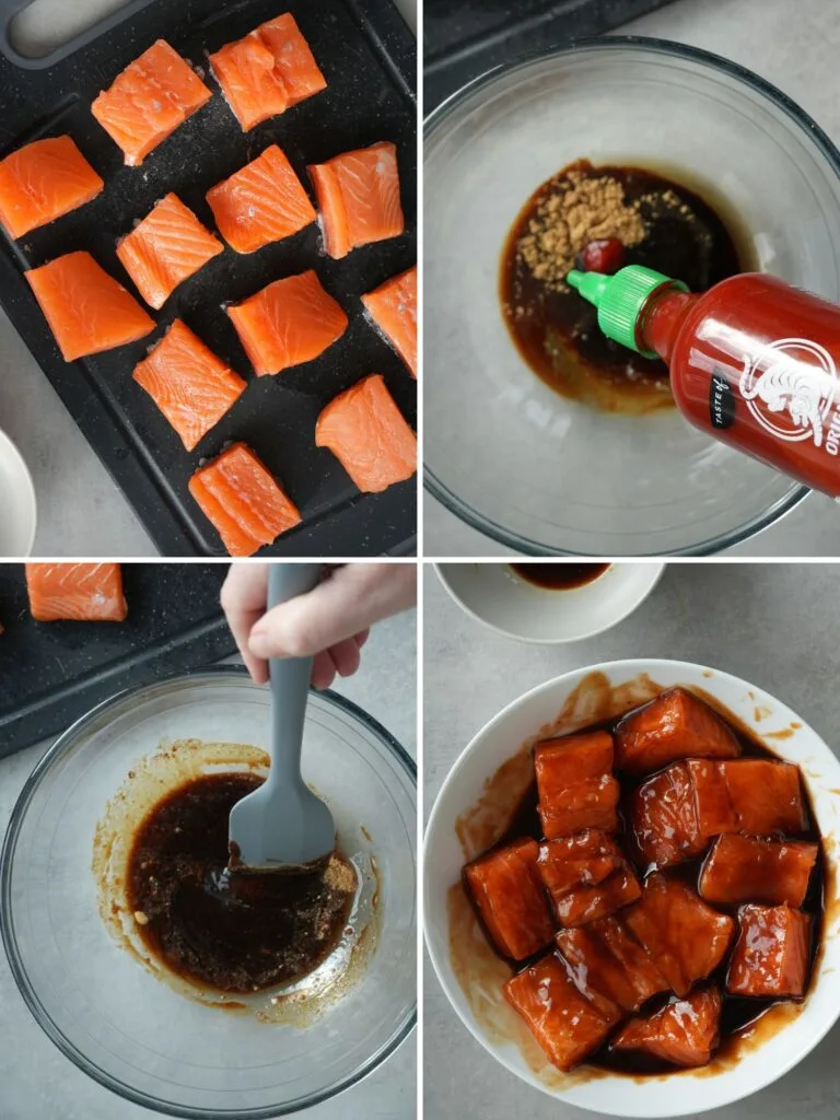 image with grid of 4 photos showing how to prepare salmon bites marianted in hoisin, honey, soy, ginger, sesame oil, sriracha
