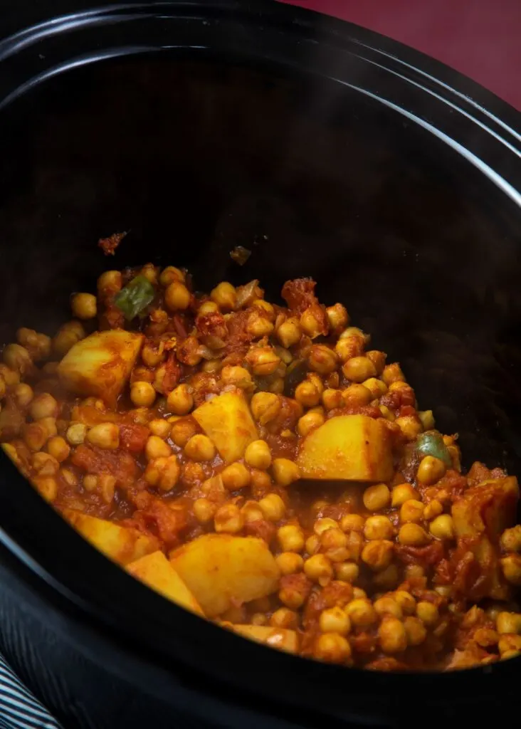 ingredients for slow cooker chickpea curry mixed together