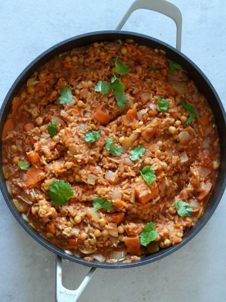 sweet potato and chickpea curry with fresh coriander in a ninja sauce pan