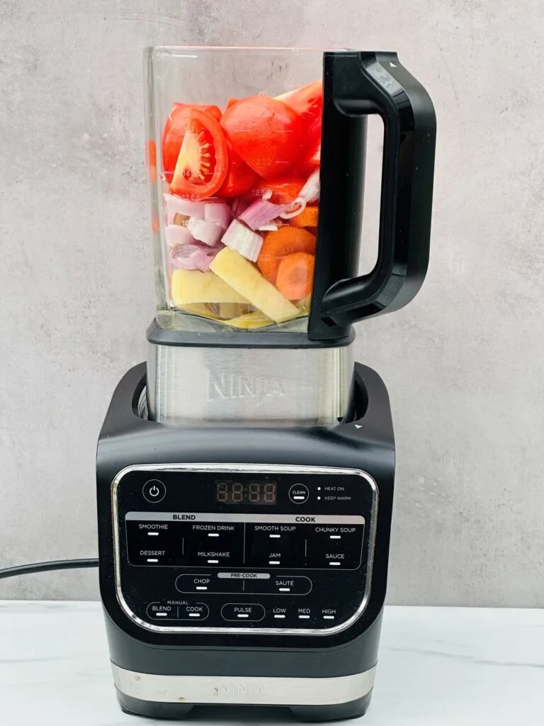 tomatoes, potatoes, carrots, onions chopped up in Ninja soup maker 