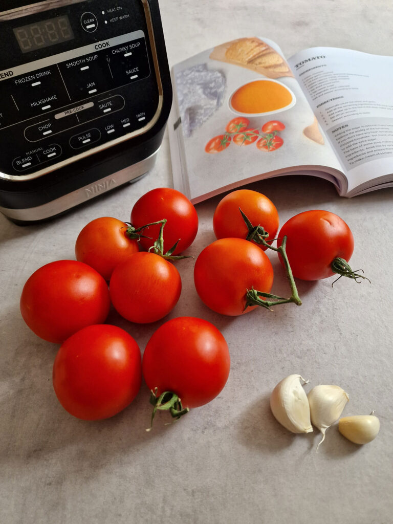 tomatoes, garlic cloves, soup maker recipe book, Ninja Soup maker